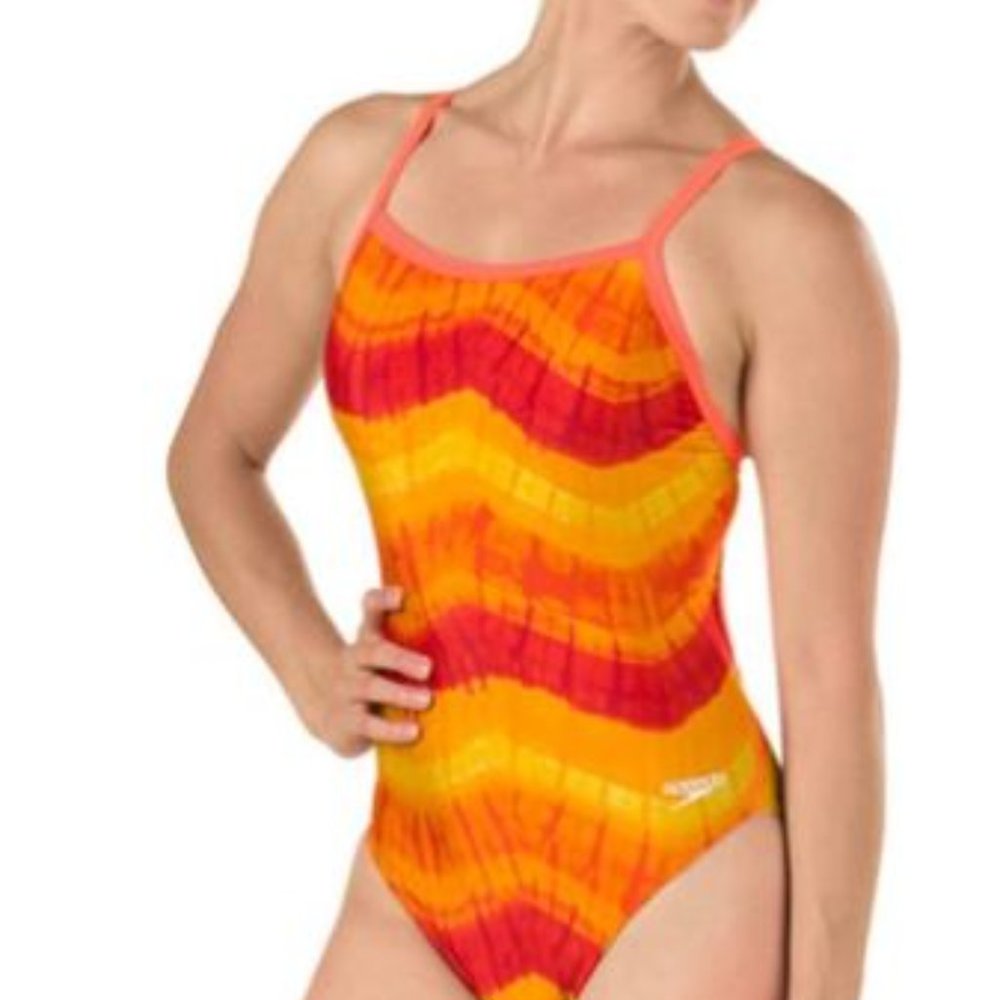 🆕 SPEEDO WOMEN'S ONE PIECE. TIE DYE FLYBACK. ORANGE/WHITE. Sz. 28. NWT. #0312